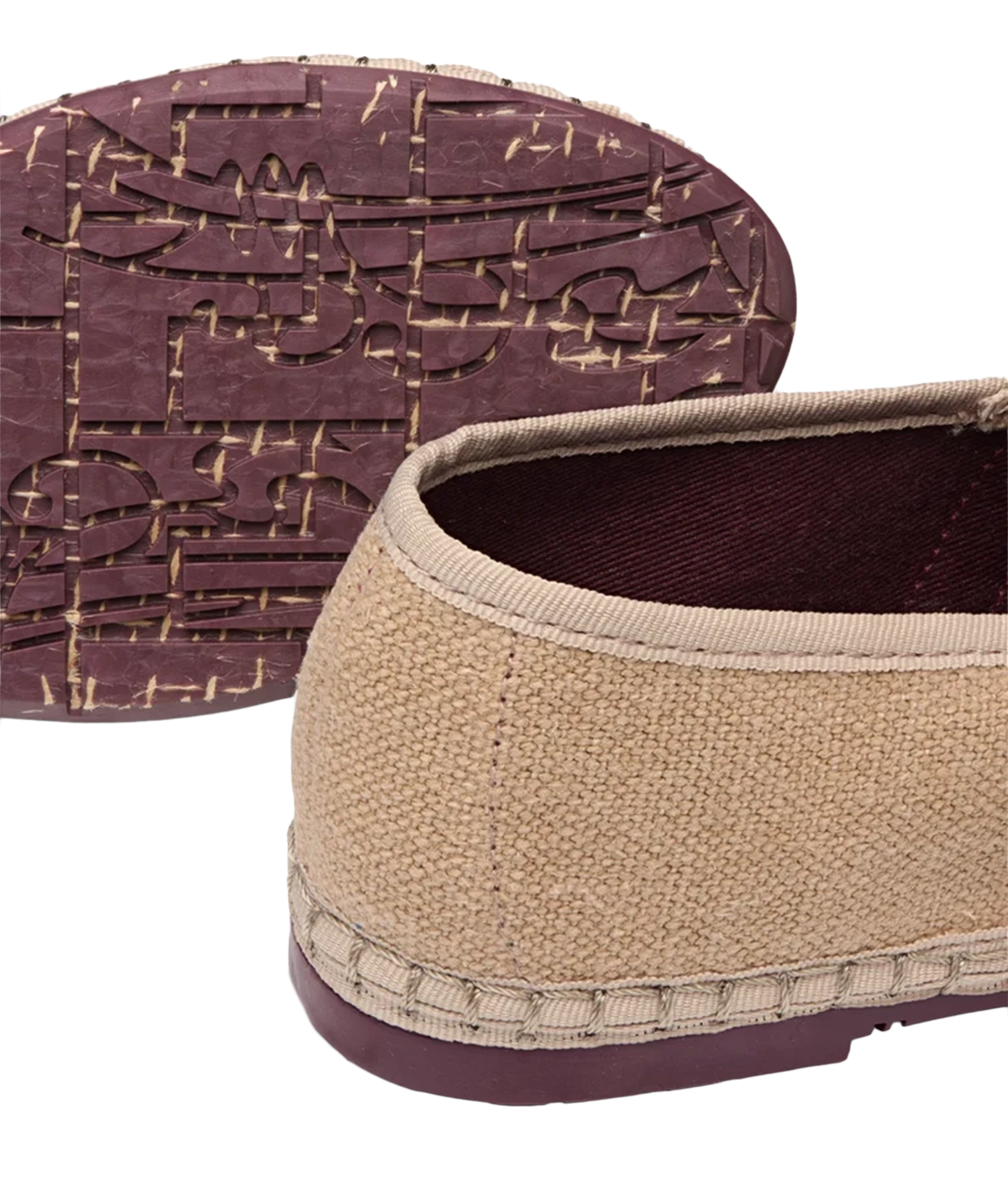 Close-up of the Flabelus Claire in Sand showing the linen heel, tonal piping and patterned recycled rubber sole