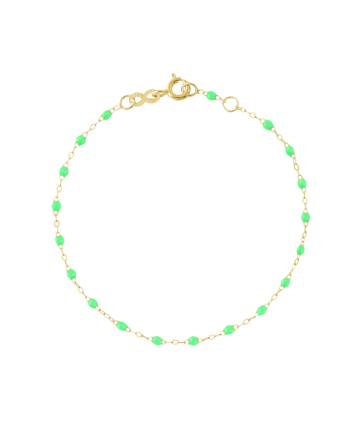 A dainty yellow gold bracelet with neon green resin beads. Handmade in the south of France, this is a perfect gift. Wear everyday, alone or stacked with your favourite pieces. Handmade fine jewellery. 