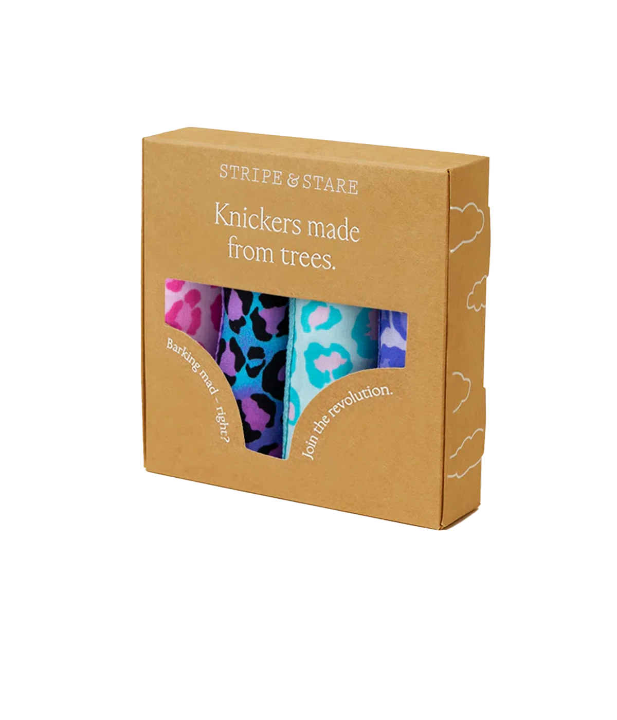 A four set box of full brief 100% cotton underpants, in a  blue, pink and purple leopard print with lace trim detailing. Throw on and go, gift ideas, comfortable, birthday present.  