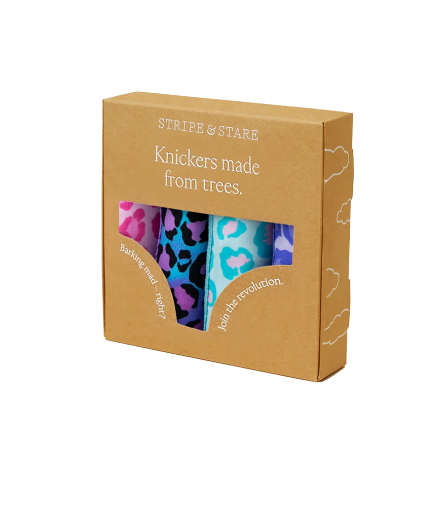 A four set box of full brief 100% cotton underpants, in a  blue, pink and purple leopard print with lace trim detailing. Throw on and go, gift ideas, comfortable, birthday present.  