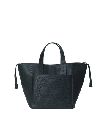 An everyday small tote bag in black, featuring 100% calf leather, logo patch on pocket,  weaved handles, removable adjustable shoulder strap, canvas lined, internal pocket, zip closure, woven hand stitch detail, tassel. Made in Greece, luxury leather, everyday work bag, mum bag throw on and go, Loewe inspired bag. 