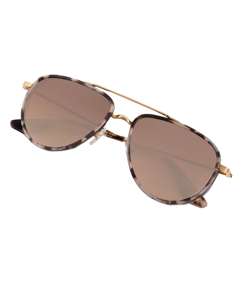 Angled view of the KREWE Coleman Sunglasses in Matte Black Tortoise, showing the tortoise frame and gold temples