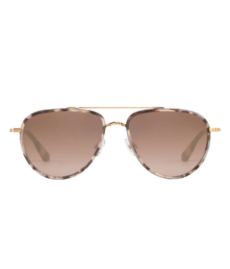 Front view of the KREWE Coleman Sunglasses in Matte Black Tortoise, showing the aviator frame, gold bridge and brown gradient lenses