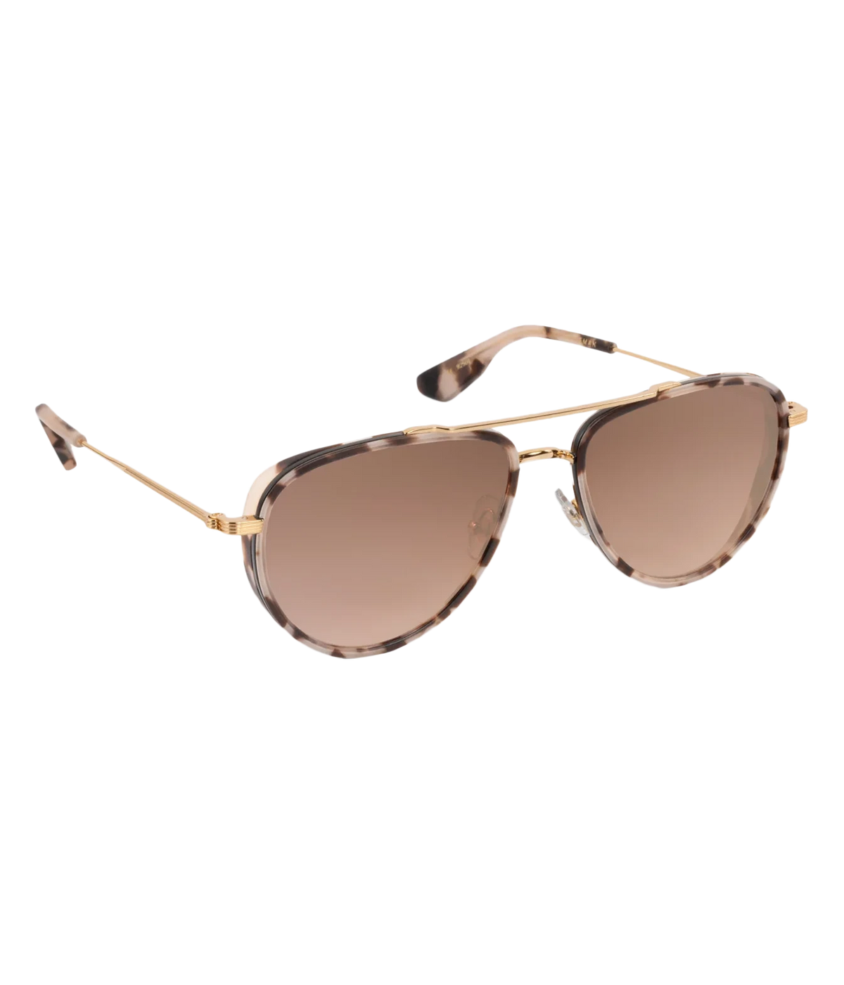 Three-quarter view of the KREWE Coleman Sunglasses in Matte Black Tortoise, showing the gold double bridge and slim temples