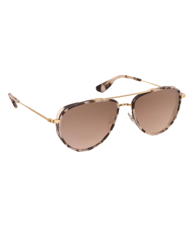 Three-quarter view of the KREWE Coleman Sunglasses in Matte Black Tortoise, showing the gold double bridge and slim temples