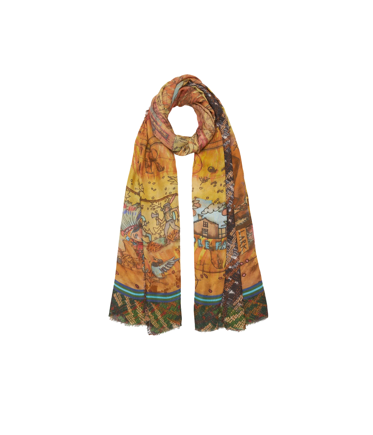 A luxurious modal and cashmere stole with earthy-toned illustrations, styled to complement a neutral outfit.