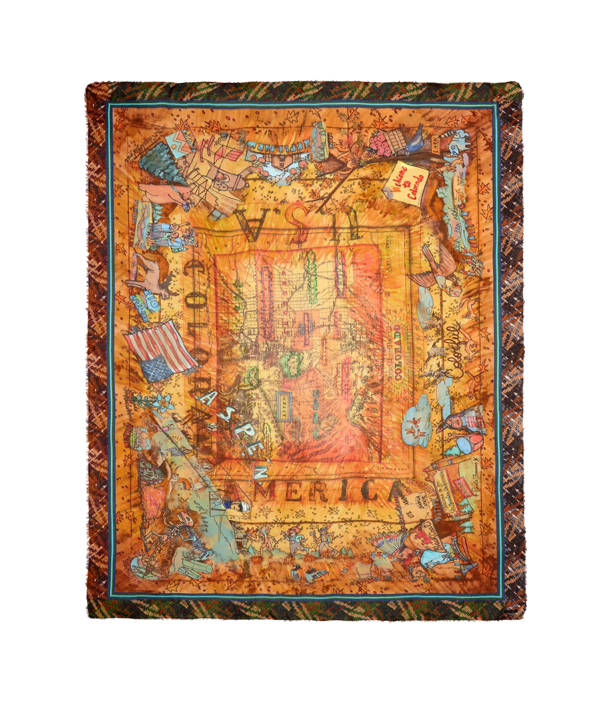 A luxurious modal and cashmere stole with earthy-toned illustrations, styled to complement a neutral outfit.