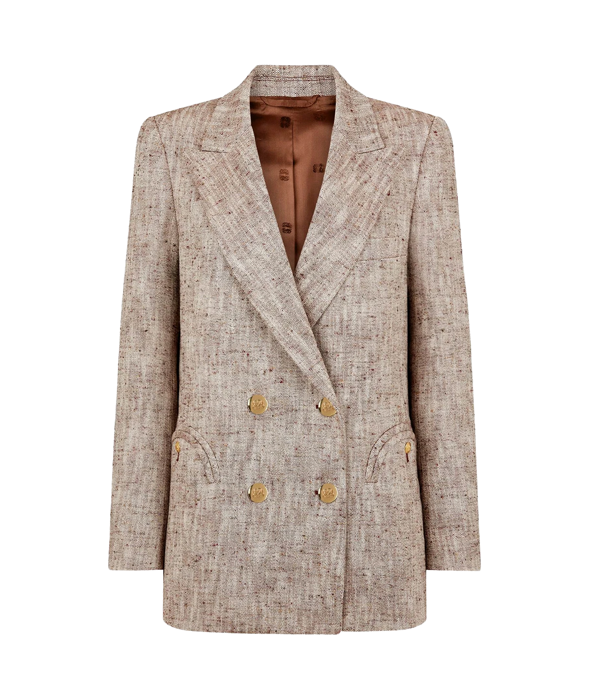 Lightweight and comfortable double breasted blazer crafted from  silk, hemp and cotton-blend slub with a speckled mélange weave and complementary gold-tone buttons. Superior quality tailoring for women.