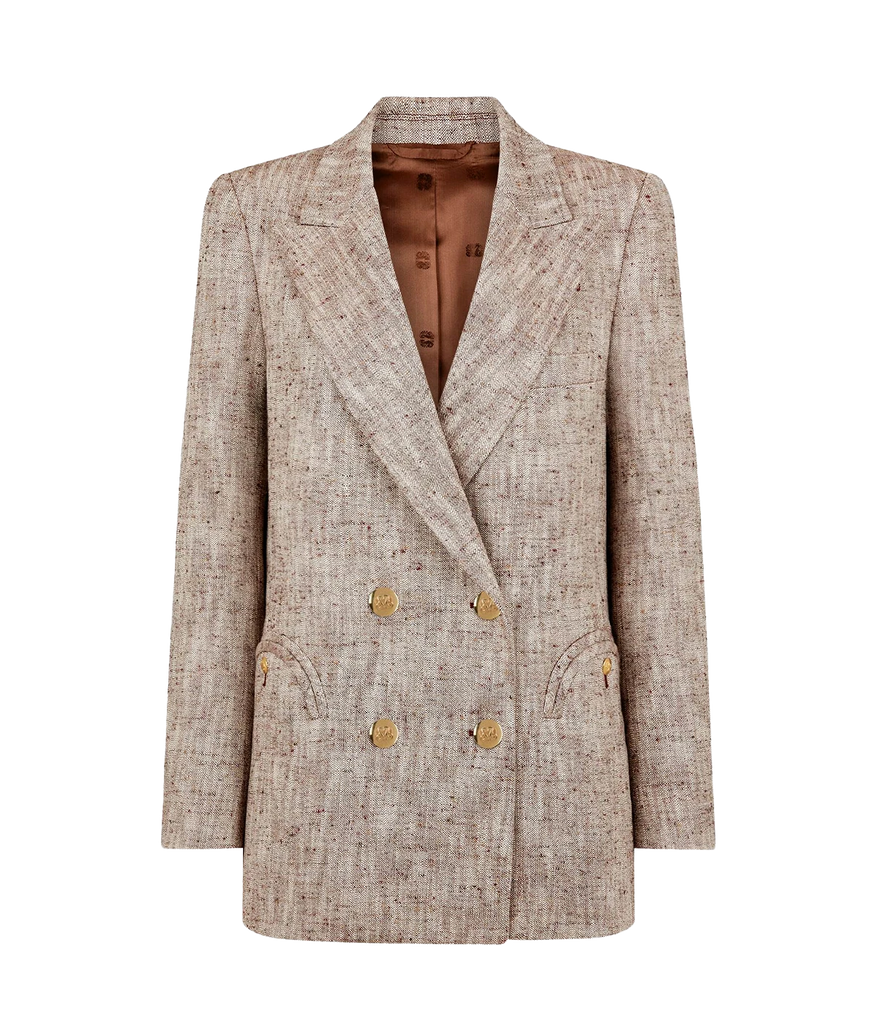 Lightweight and comfortable double breasted blazer crafted from  silk, hemp and cotton-blend slub with a speckled mélange weave and complementary gold-tone buttons. Superior quality tailoring for women.