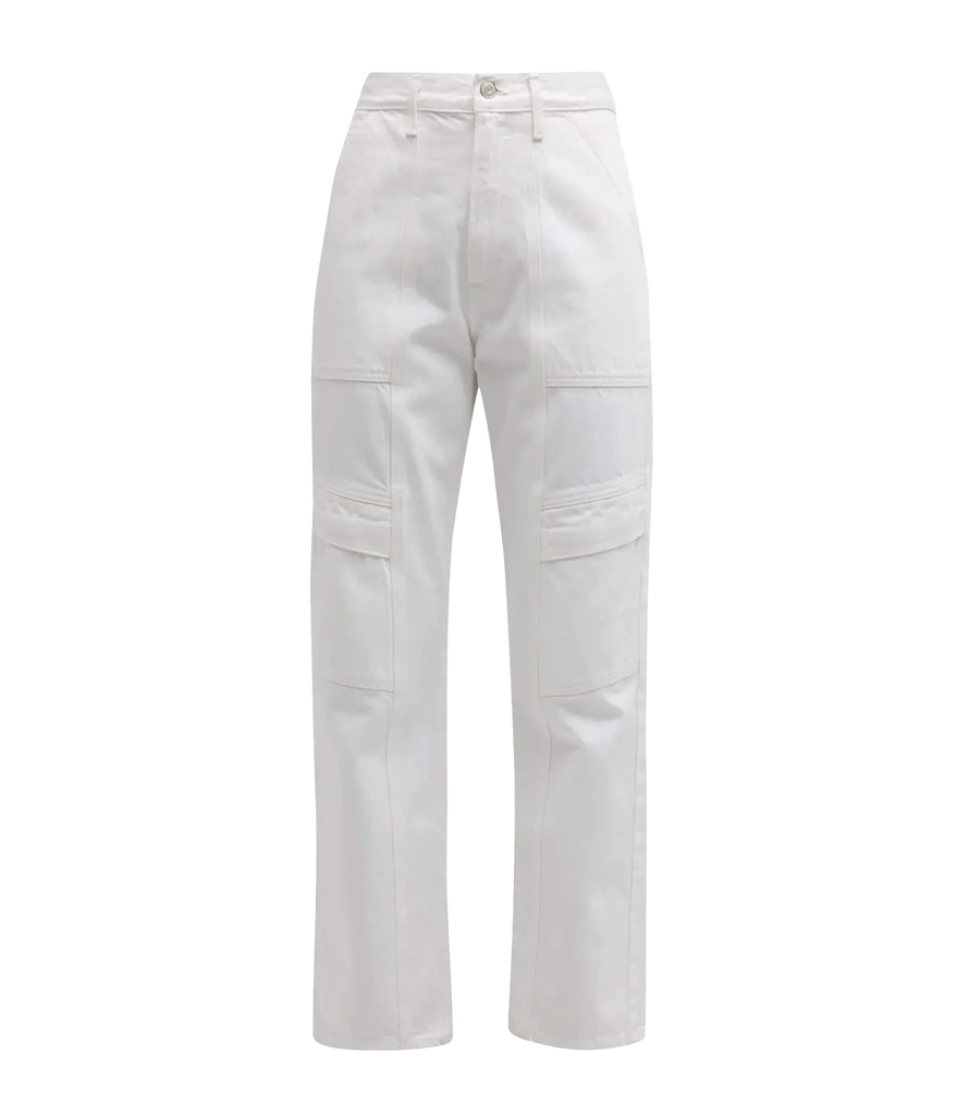 An elevated denim jean in a cargo style, with chic pocket detailing and utility style. Featuring a zip and button closure, full length legs and belt loop holes. Elevated jean, summer staple, comfortable, made in USA, dinner with girlfriends, trendy.
