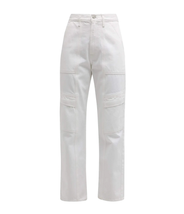 An elevated denim jean in a cargo style, with chic pocket detailing and utility style. Featuring a zip and button closure, full length legs and belt loop holes. Elevated jean, summer staple, comfortable, made in USA, dinner with girlfriends, trendy.
