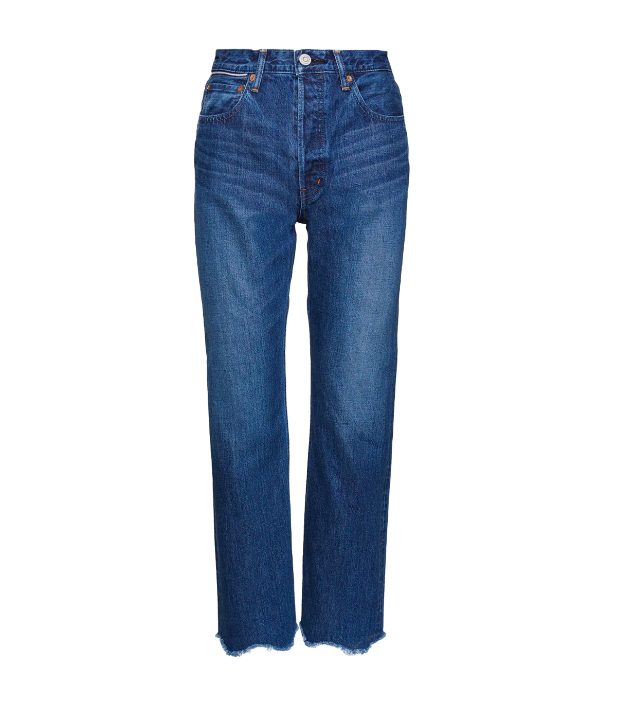 Corcoran Wide Straight Crop Jean in light blue denim with a button-fly, 5-pocket design, and frayed hem, styled with a fitted tank and sandals.