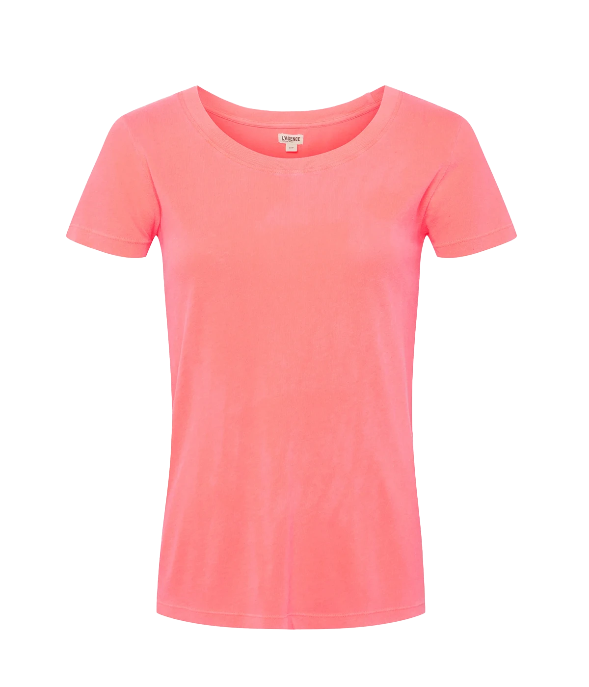 pink coral 100% crewneck cotton t-shirt by l'agence. wash & wear and br-freindly