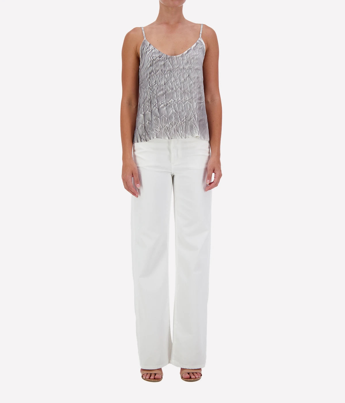 Crinkled Effect Silk Tank Top in Fango