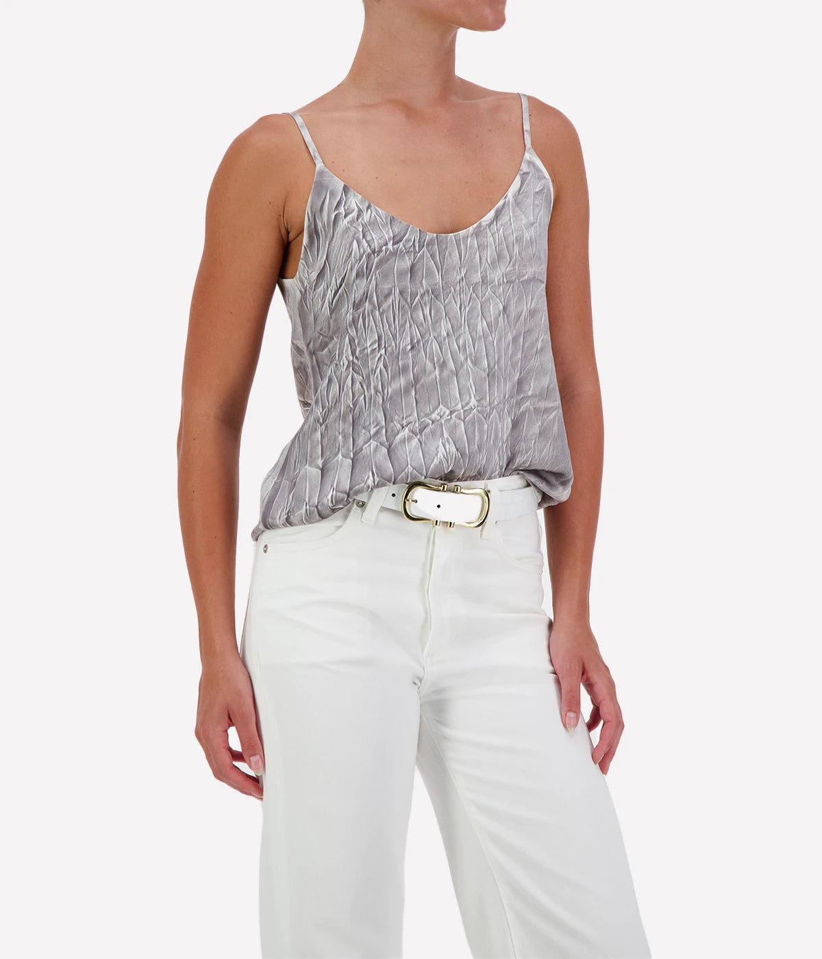 Crinkled Effect Silk Tank Top in Fango