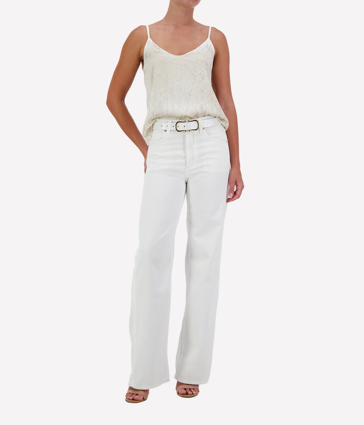 Crinkled Effect Silk Tank Top in Taupe