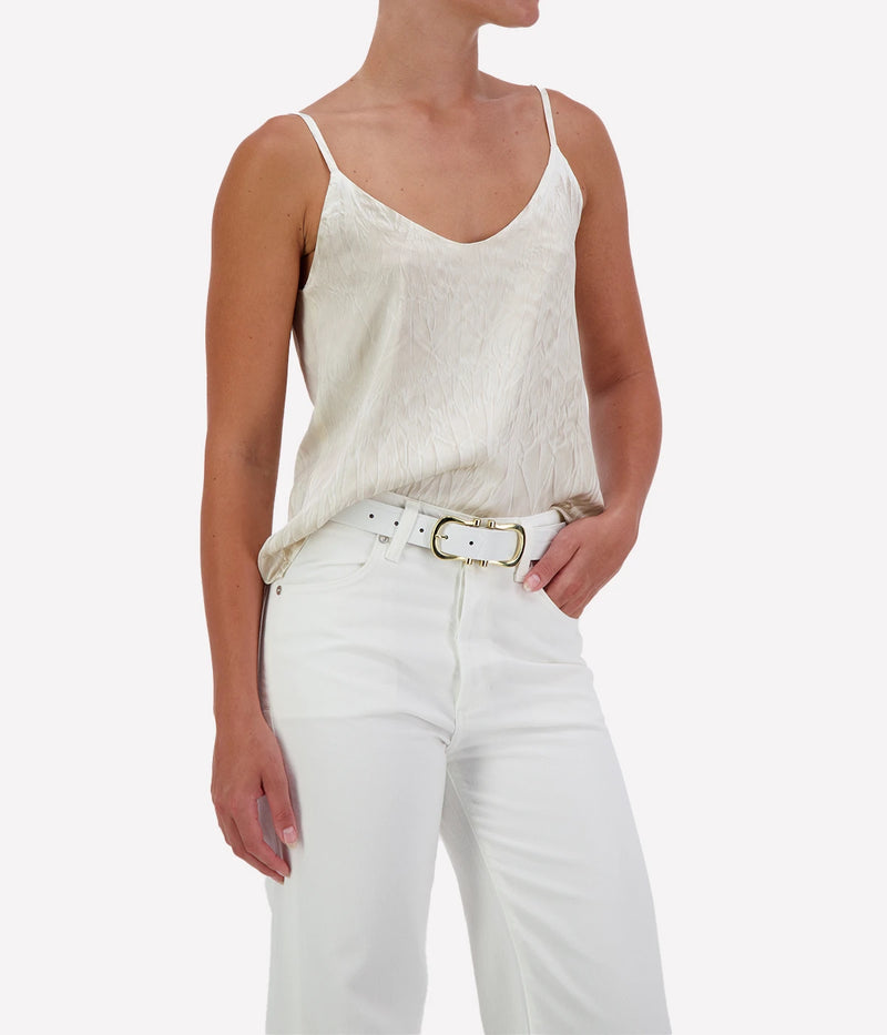 Crinkled Effect Silk Tank Top in Taupe