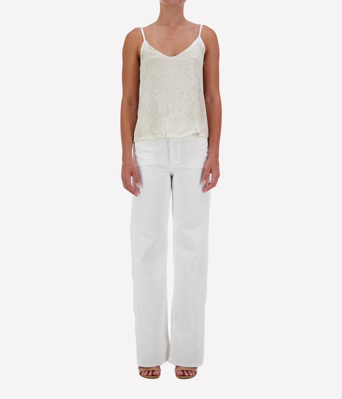 Crinkled Effect Silk Tank Top in Taupe