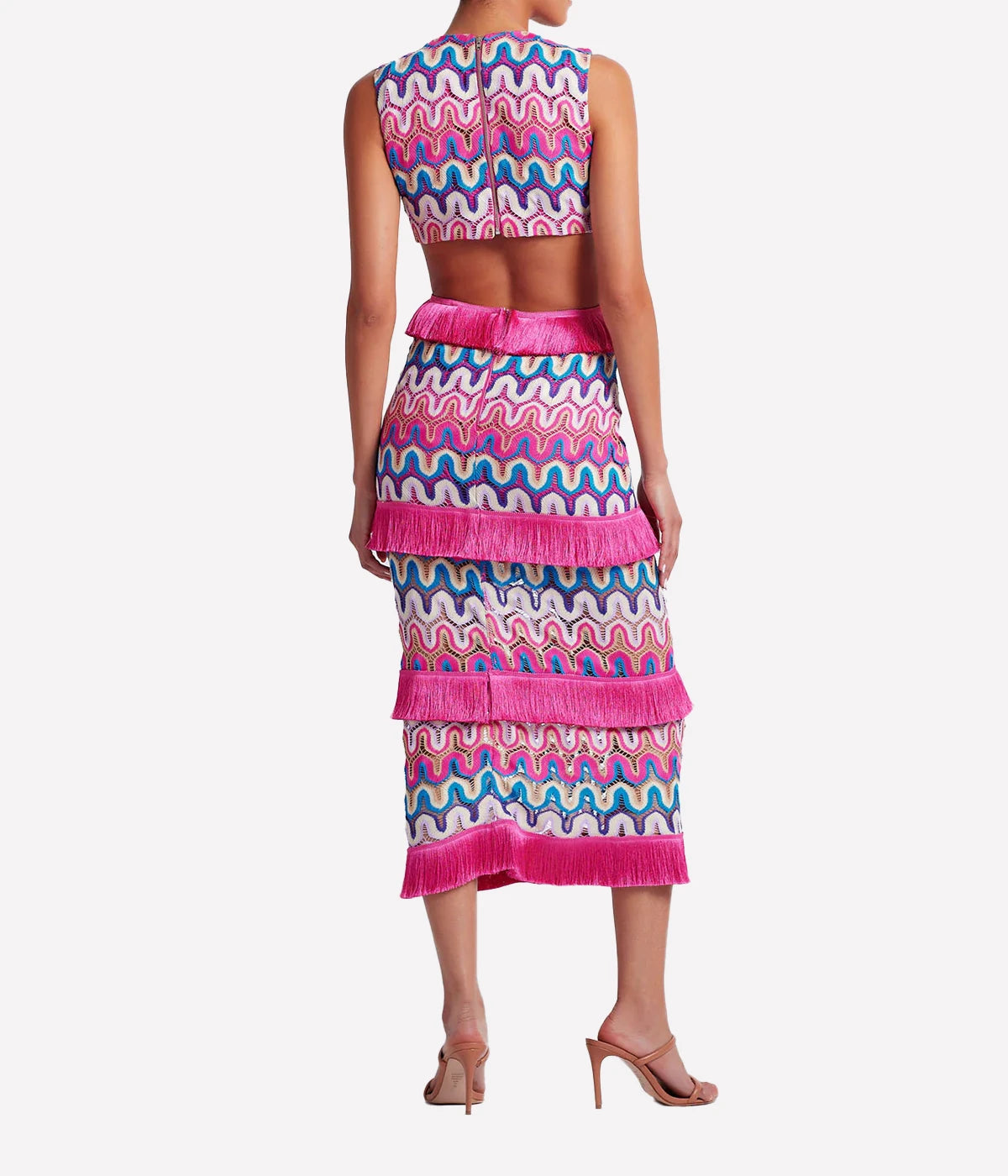 Crochet Cut-Out Fringe Maxi Dress in Pink Multi