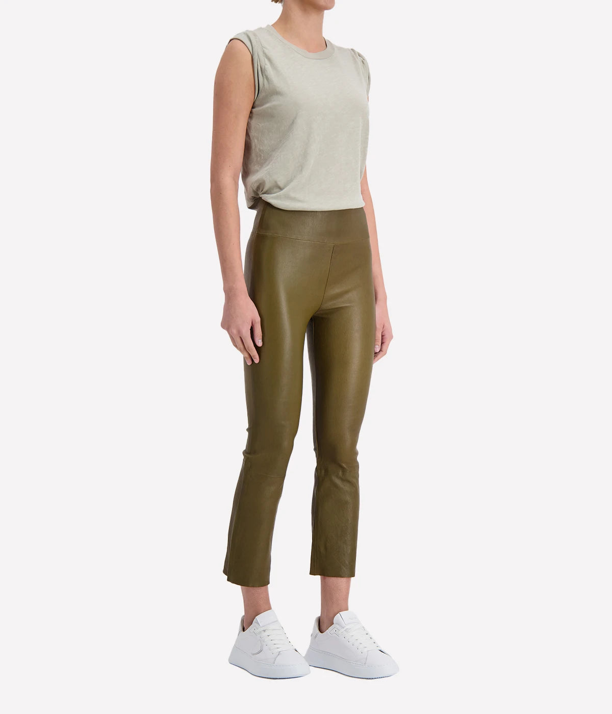 Crop Flare Leather Legging in Moss