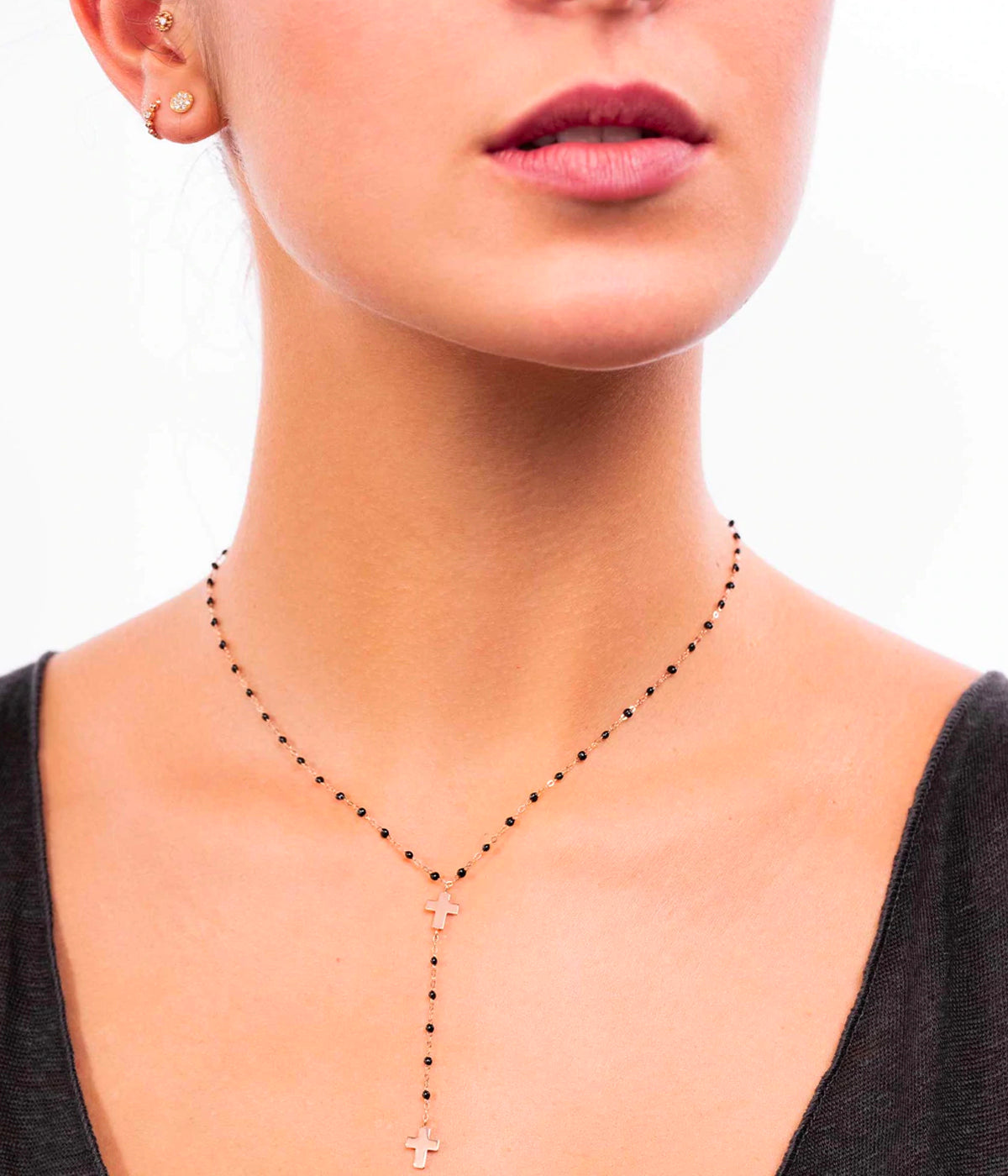 Cross 42cm Rosary Necklace 18K Yellow Gold & Black