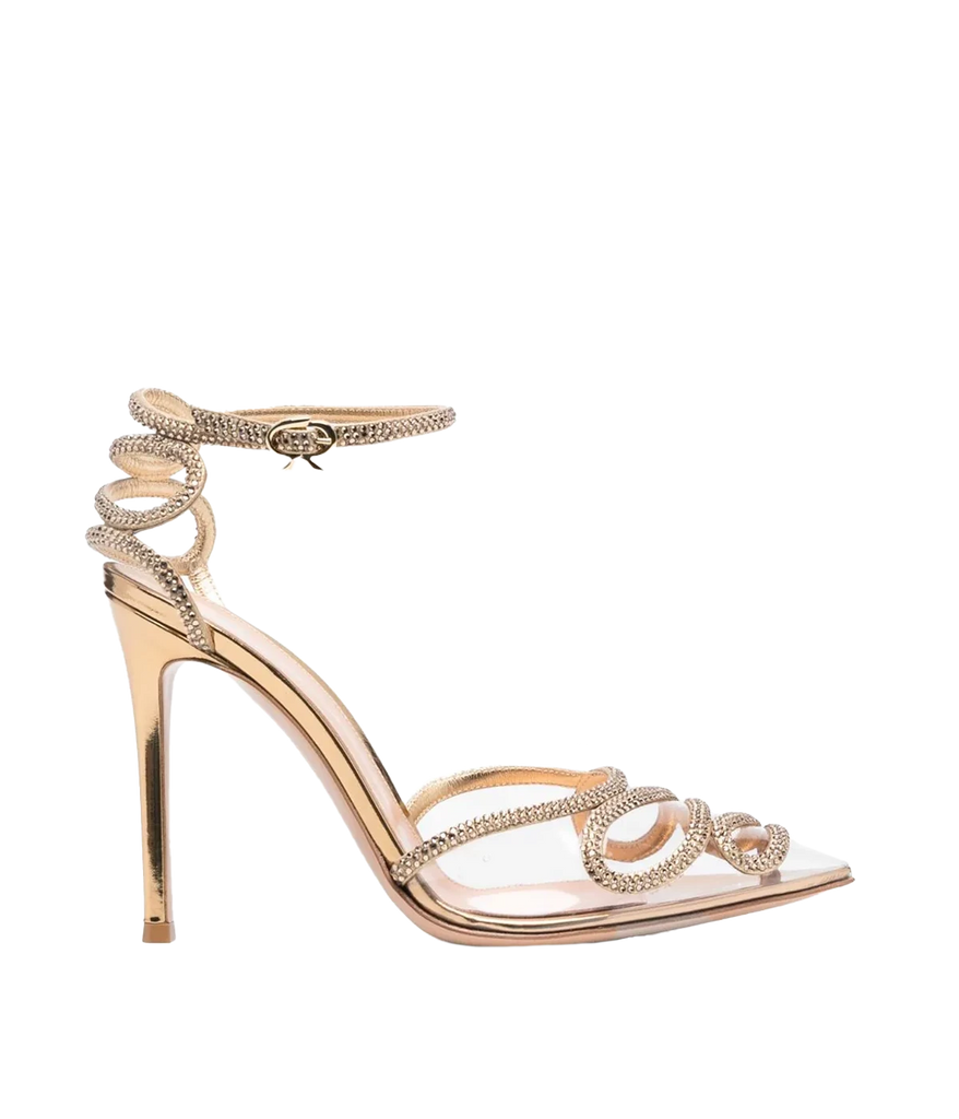 A special occasion stiletto heel in gold, featuring crystalised ankle strap and toe detailing, Perspex toe in a 105mm heel height. Wedding shoe, date night shoe, special occasion, made in Italy, comfortable, leather shoe. 