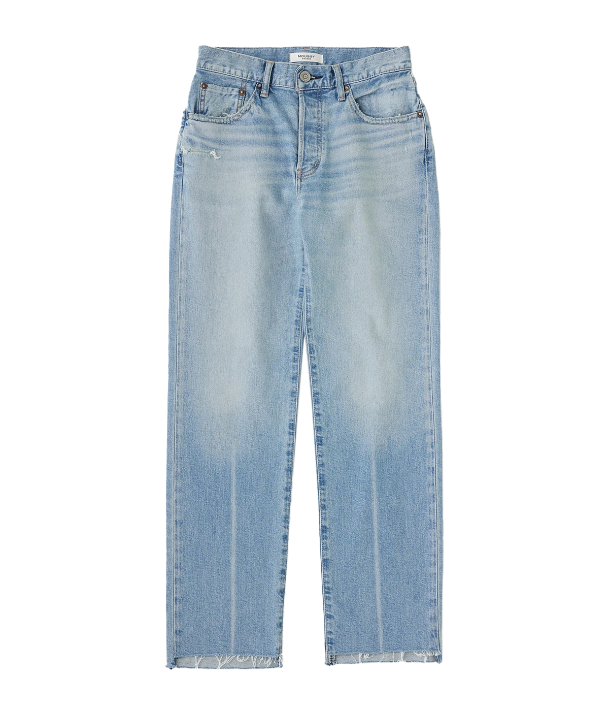 Light blue straight-leg jeans with a mid-rise waist and full-length fit, styled with a white shirt and loafers for a timeless, sophisticated look.