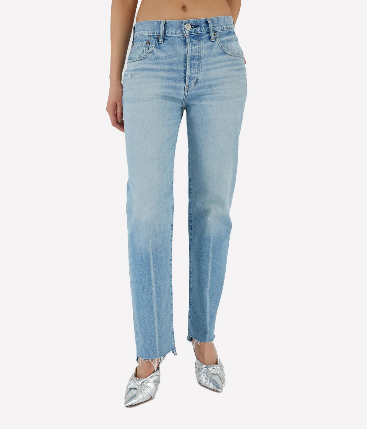 Light blue straight-leg jeans with a mid-rise waist and full-length fit, styled with a white shirt and loafers for a timeless, sophisticated look.