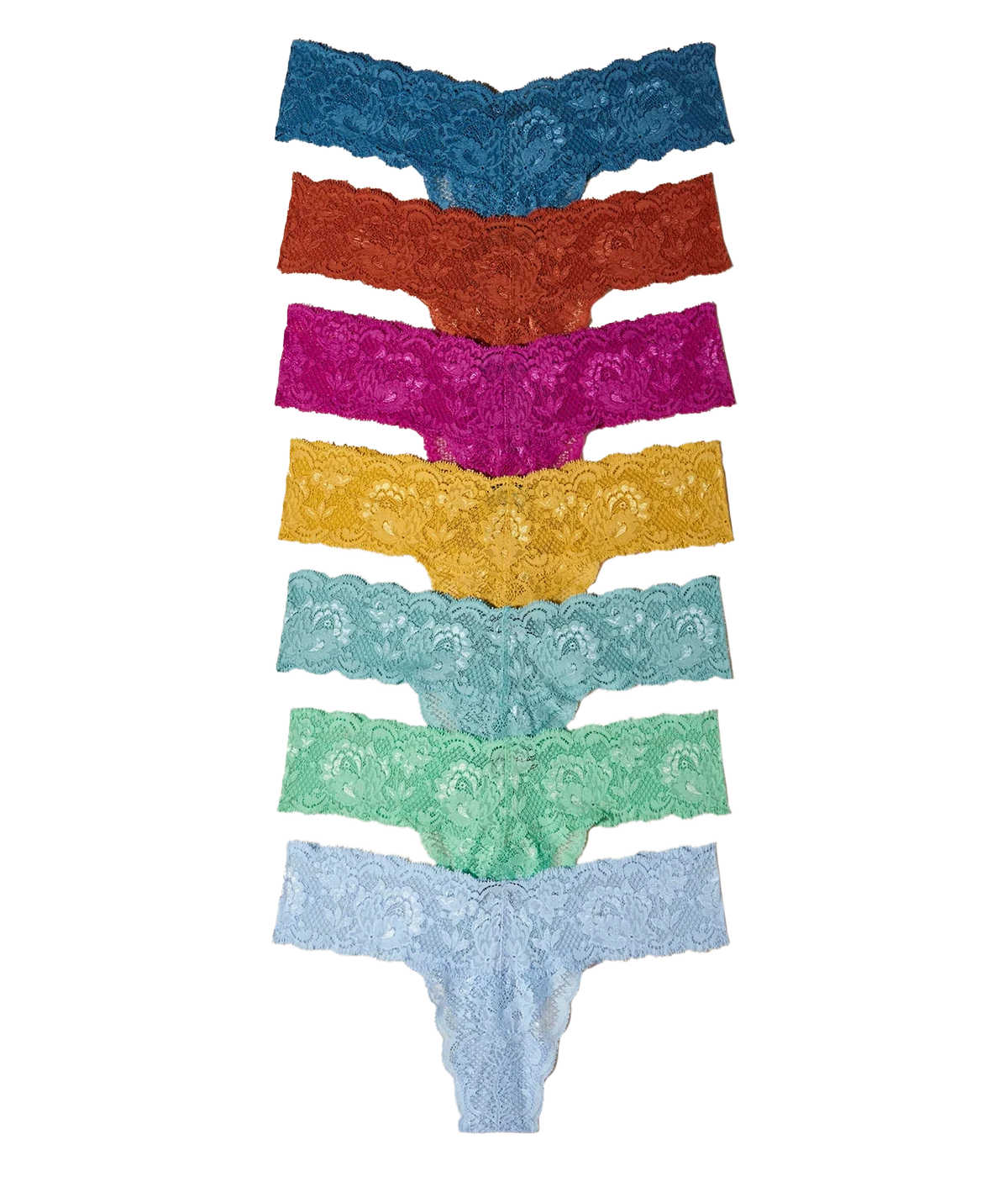 A seven pack of cosabella cutie thongs, one for each day of the week. Featuring  italian lace thongs in a dark blue, orangte, hot pink, yellow & green. Comfortable, everyday thong, made in Italy, Italian lace. 