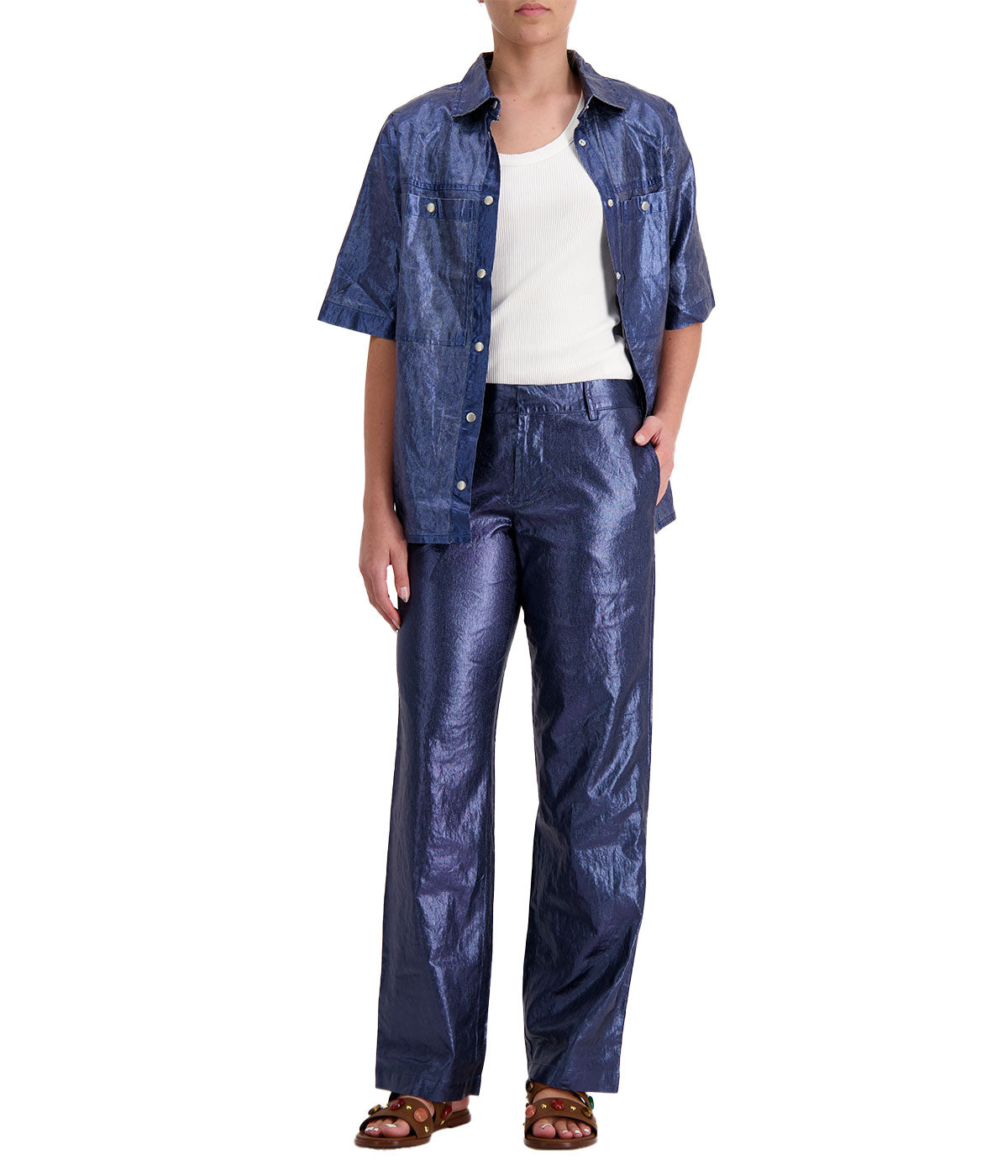 Astro Metallic Linen Pant in Dark Blue