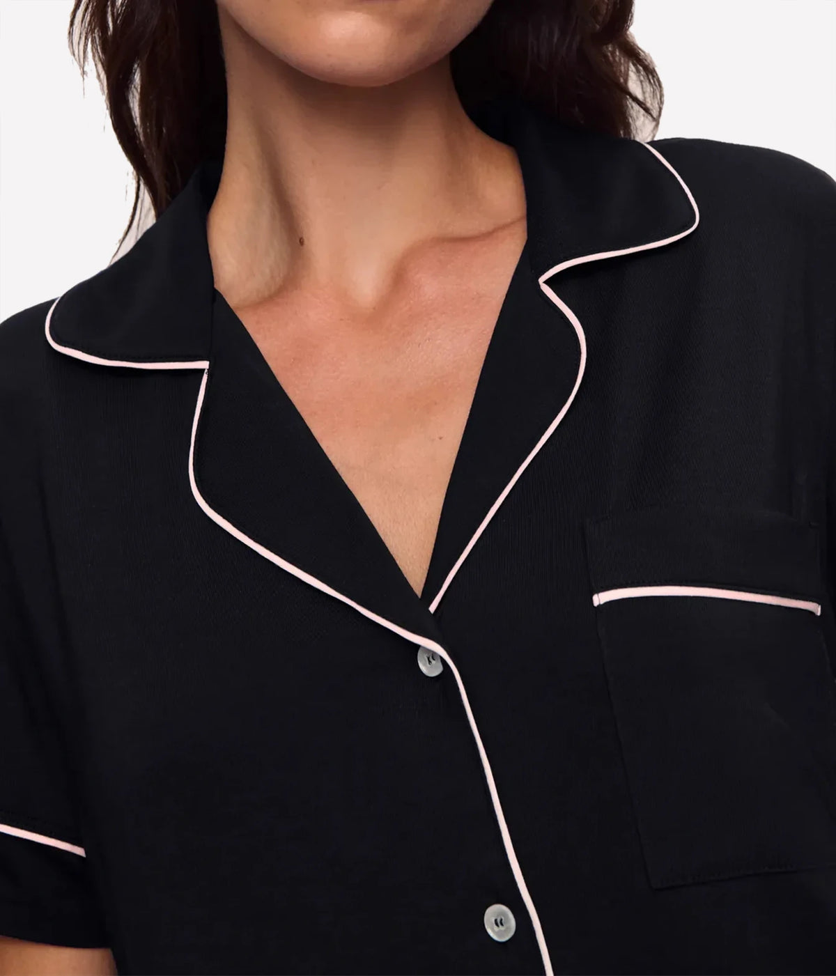 Close-up of the Eberjey Gisele Relaxed Short PJ Set In Black Sorbet Pink showing the notch collar, piped chest pocket and buttons