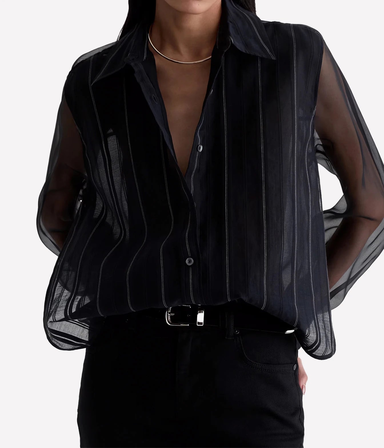 A sleeveless black sheer mesh blouse with vertical pinstripes, worn by a model with black pants and a thin gold necklace against a light gray background.