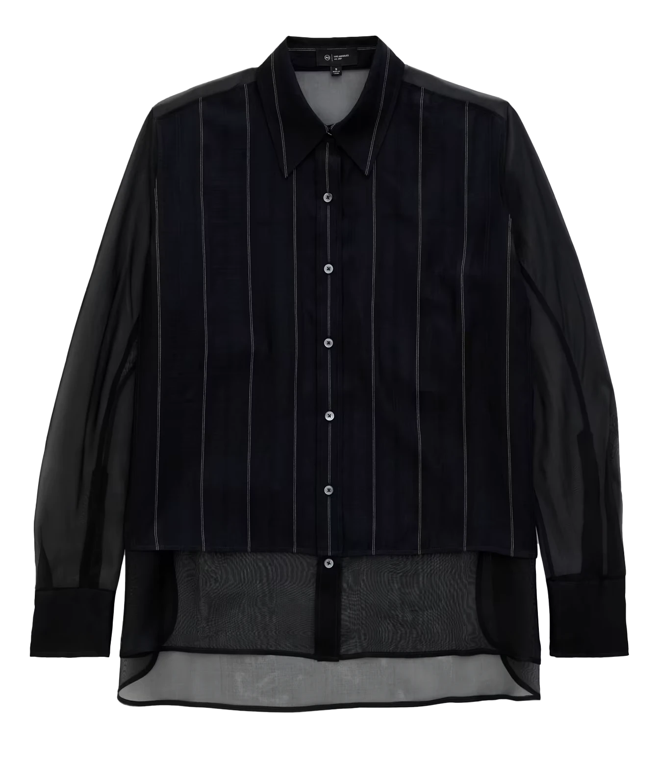 A black long-sleeve button-up shirt with sheer mesh side panels and vertical pinstripes, shown flat against a white background.