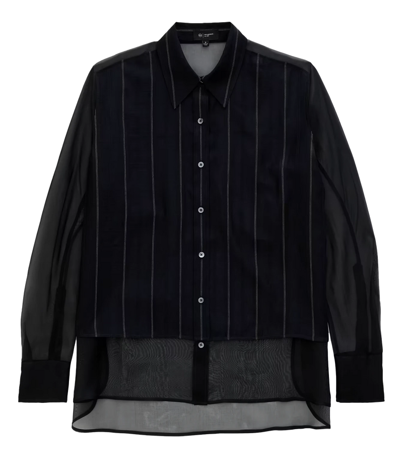 A black long-sleeve button-up shirt with sheer mesh side panels and vertical pinstripes, shown flat against a white background.