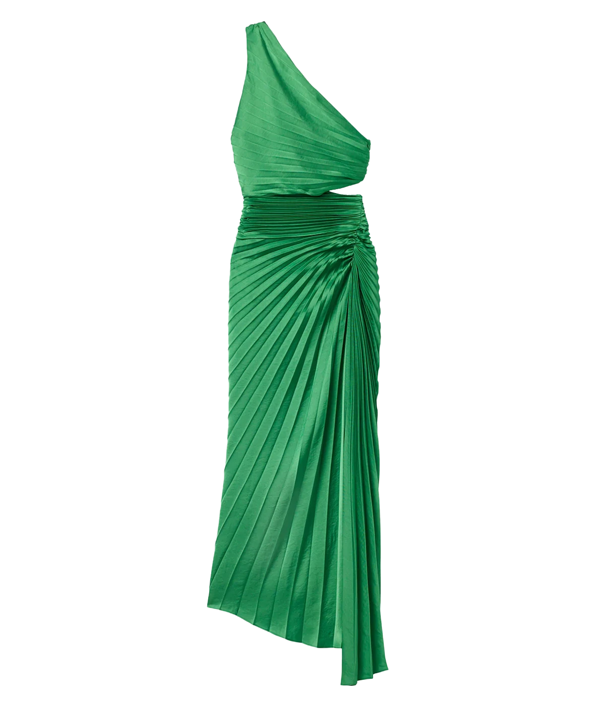 ALT text: One-shoulder green vintage satin dress with side cutout, ruched waist, and pleated midi skirt.