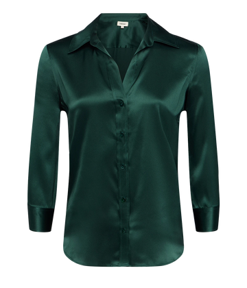 A  three quater sleeve 100% silk blouse in forest green colourway. Luxury materiall, made in USA, 100% silk, bra friendly, comfortable. 