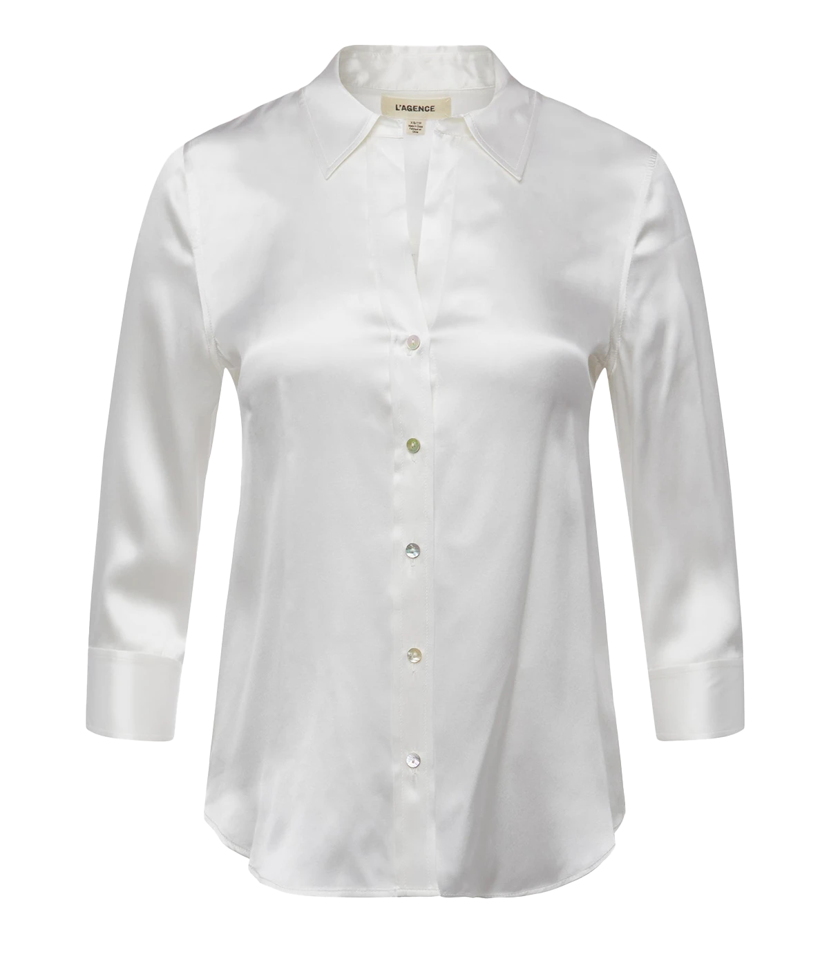 A soft ivory charmeuse silk button-down blouse with a relaxed open collar, three-quarter-length sleeves, and a curved hem. 