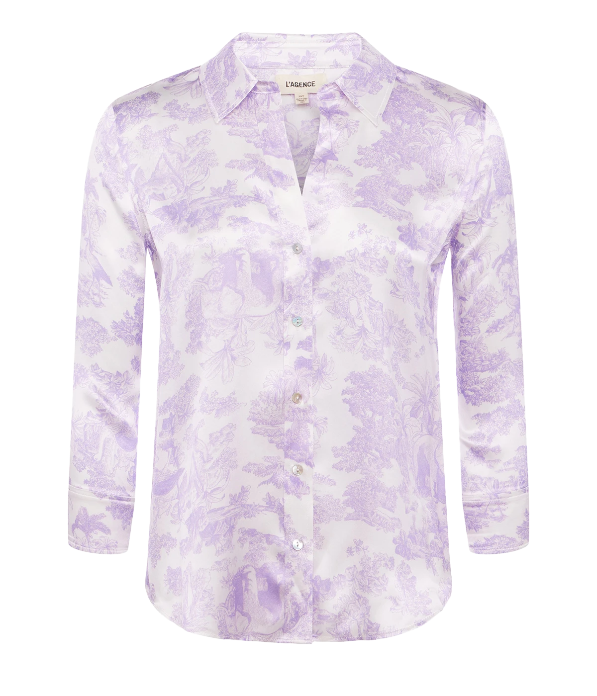 ALT Text: Silk button-down Dani Blouse with a high-low hem, perfect for versatile styling options.