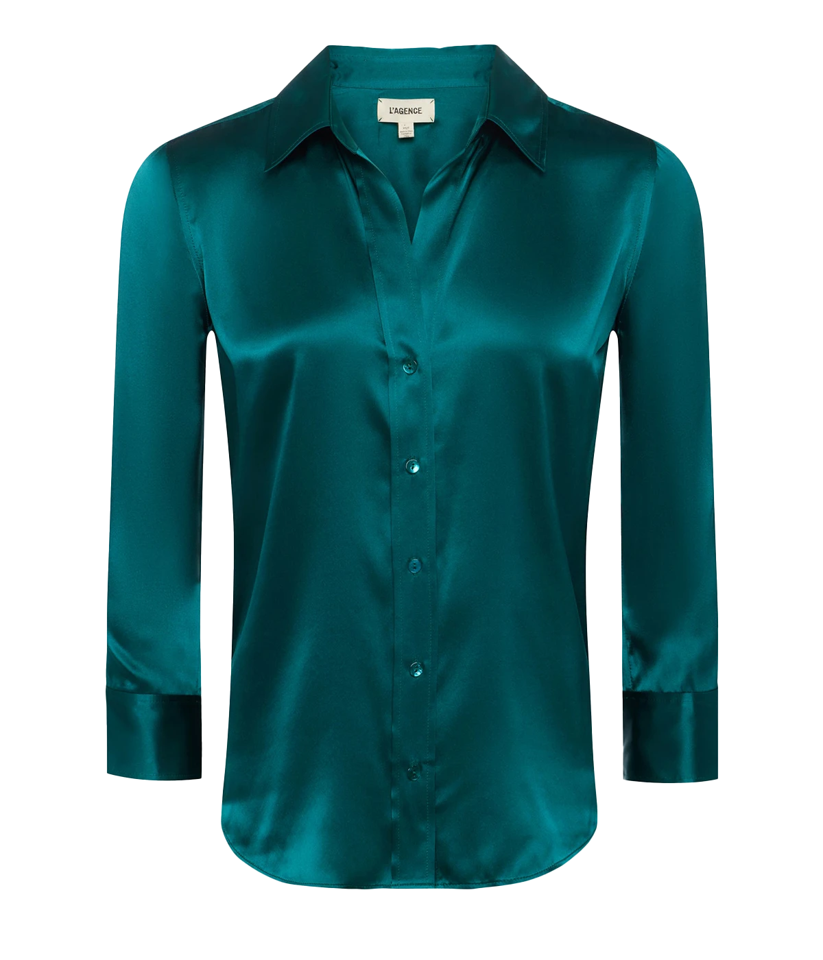 ALT Text: Silk Dani Blouse with a high-low hem, three-quarter sleeves, and 2-button cuffs, perfect for timeless elegance.
