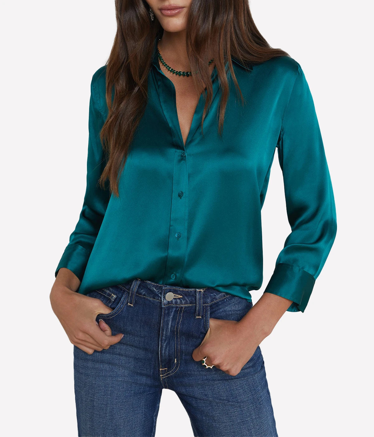 ALT Text: Silk Dani Blouse with a high-low hem, three-quarter sleeves, and 2-button cuffs, perfect for timeless elegance.