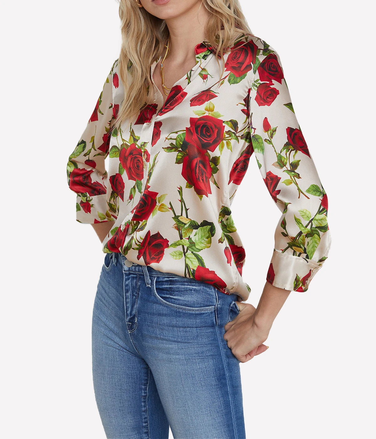 ALT Text: Silk Dani Blouse with three-quarter sleeves and a high-low hem, designed for versatile styling and timeless sophistication.