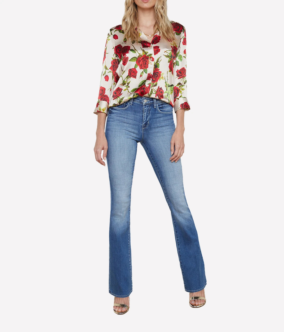 ALT Text: Silk Dani Blouse with three-quarter sleeves and a high-low hem, designed for versatile styling and timeless sophistication.