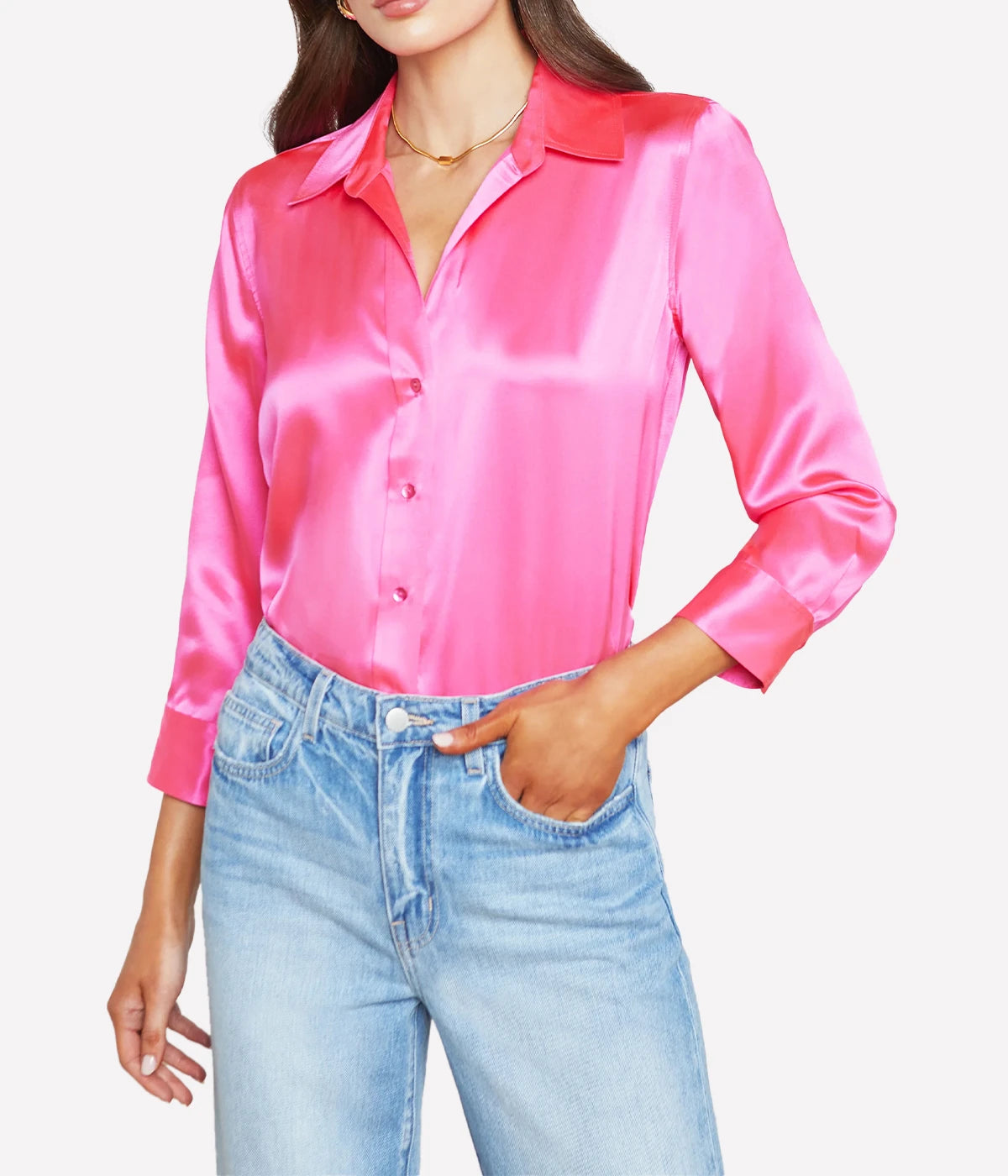 ALT Text: The Dani silk button-down blouse featuring a high-low hem and three-quarter sleeves, designed for timeless versatility.