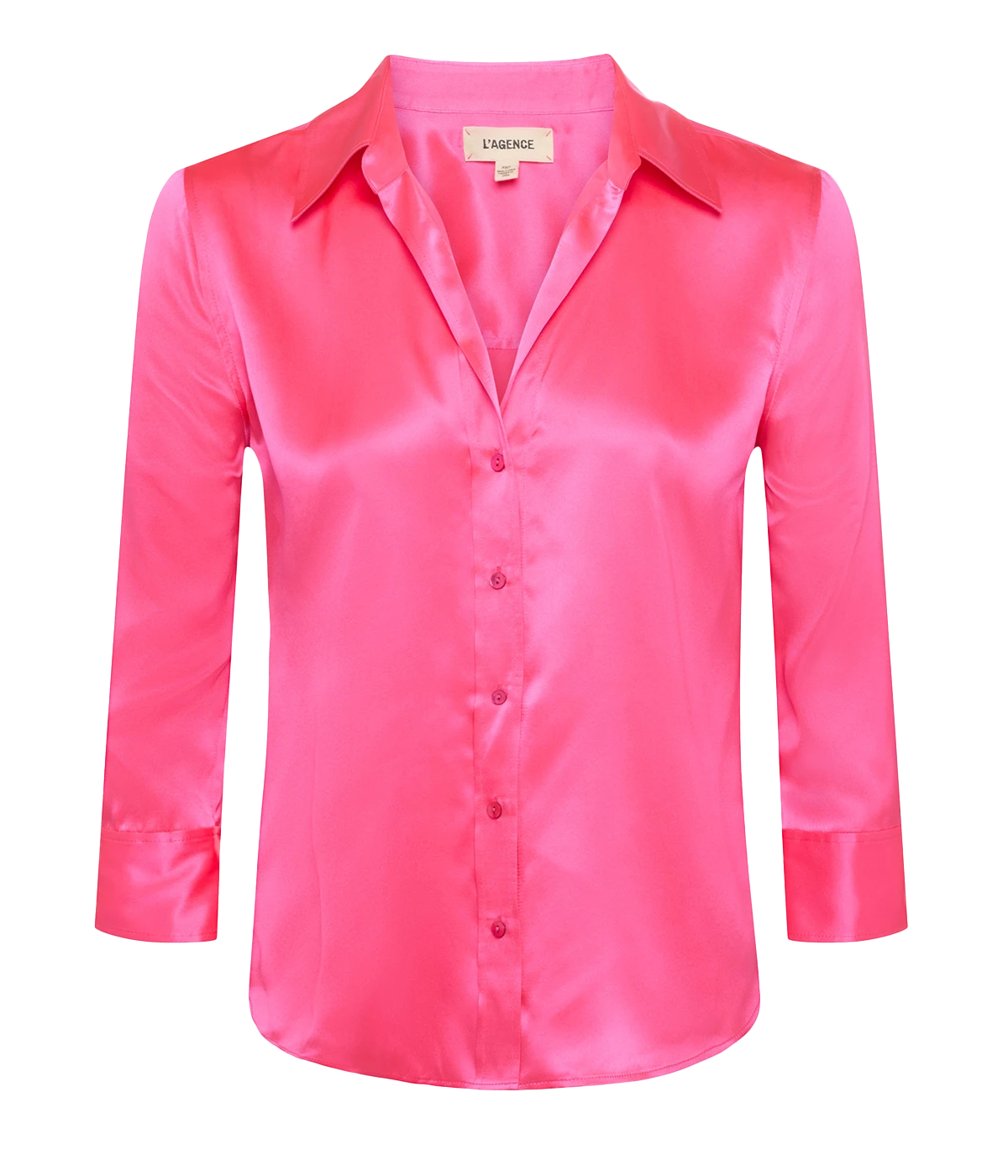 ALT Text: The Dani silk button-down blouse featuring a high-low hem and three-quarter sleeves, designed for timeless versatility.