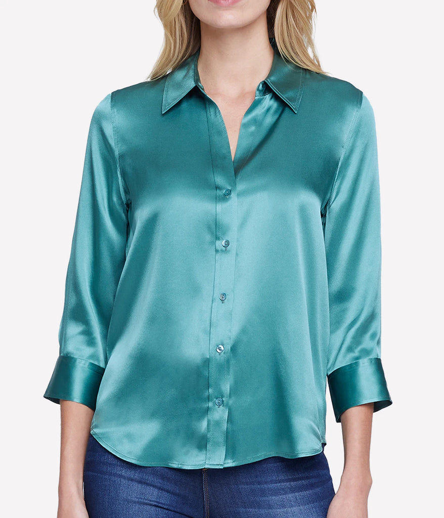 turquoise green three quarter sleeve silk shirt by L'agence.