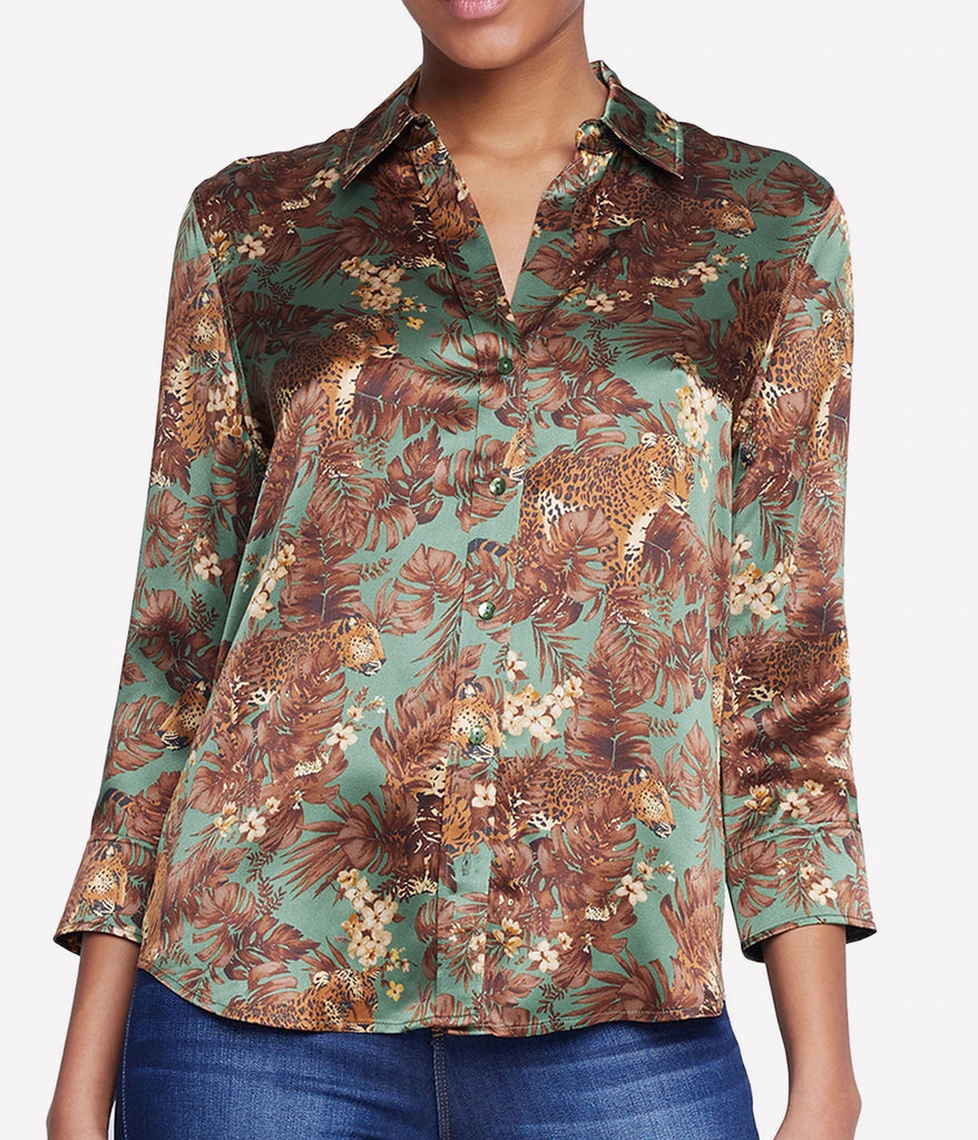 An exotic leopard and leaf print in bronze on a green silk 3/4 sleeve shirt by L'agence.