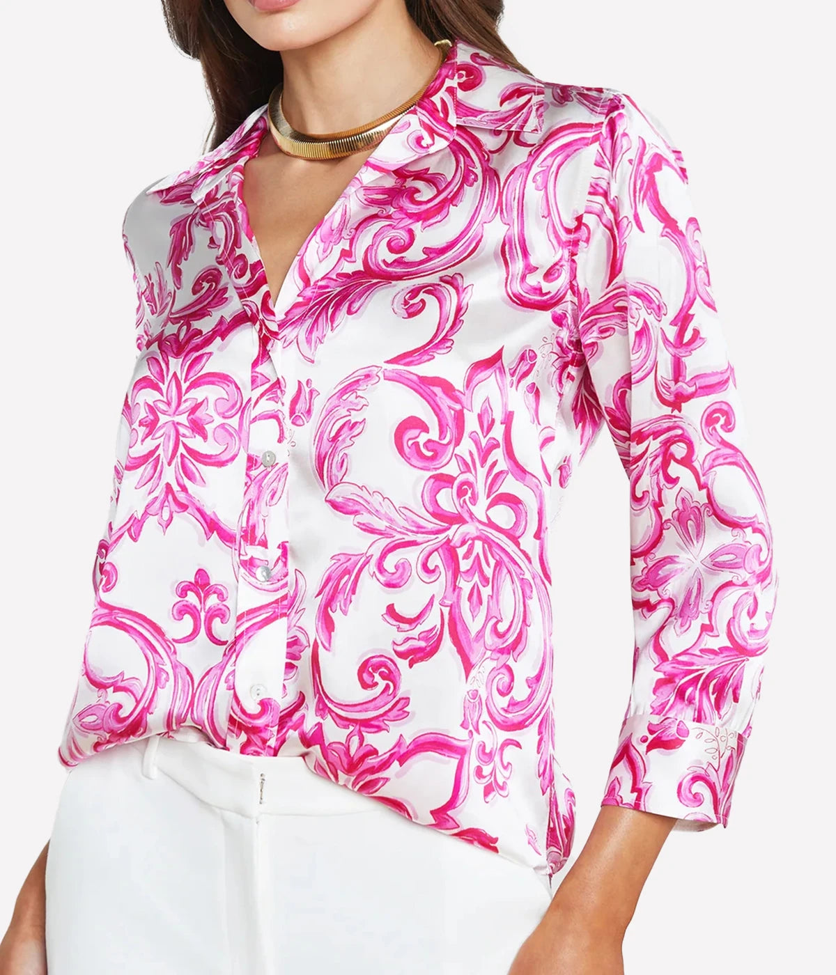 Dani 3/4 Sleeve Blouse in White Pink Tile