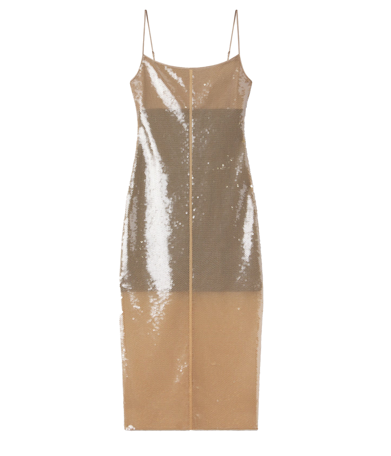 ALT Text: Midi dress with soft sequins embroidered onto taupe tulle, featuring thin straps and a straight neckline for a minimalist, elegant silhouette.