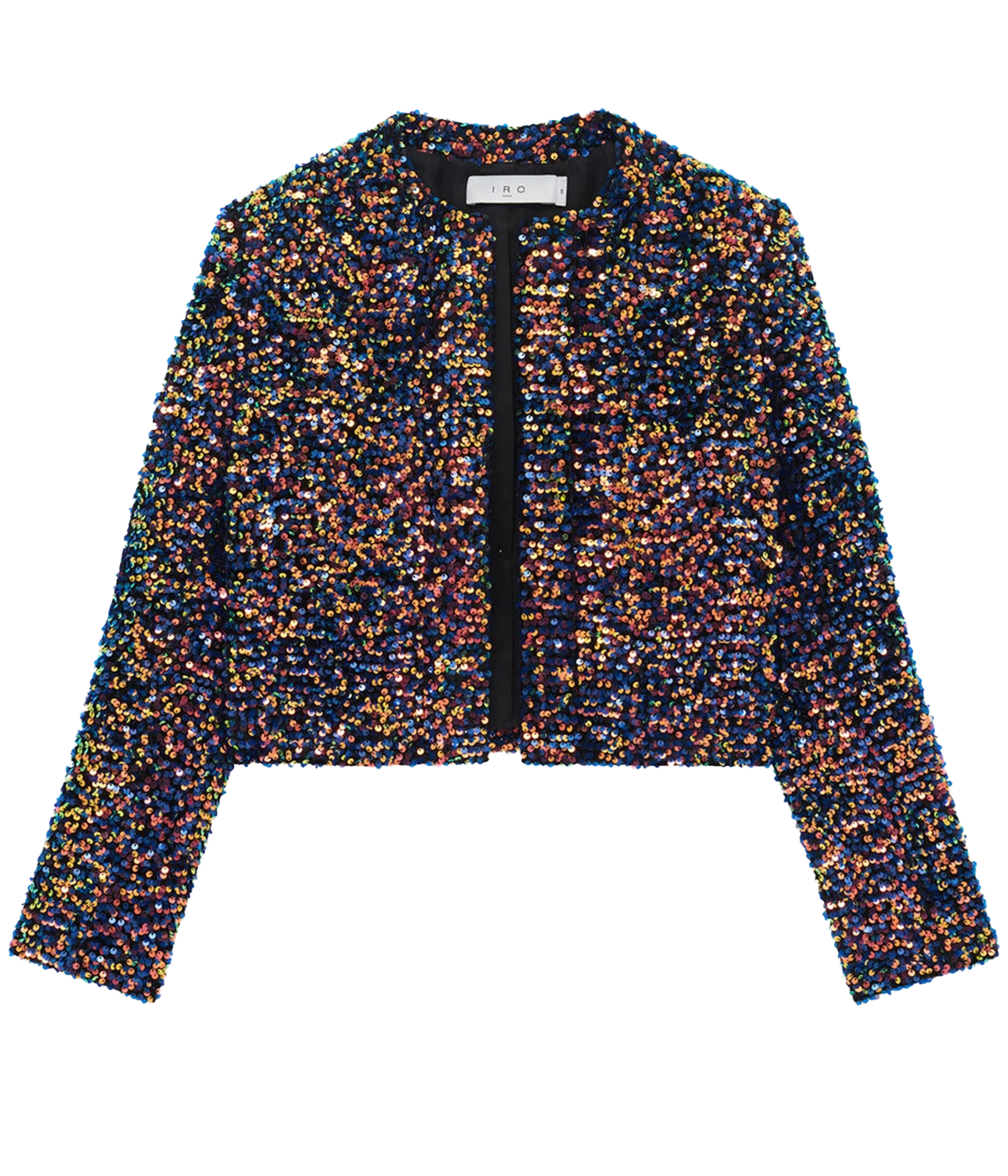 A statement third piece, open jacket. With multicolour sequins, round neck, long sleeves, padded shoulders and cropped length. Fashion forward, bra friendly, made internationally, comfortable, matching set, party. 