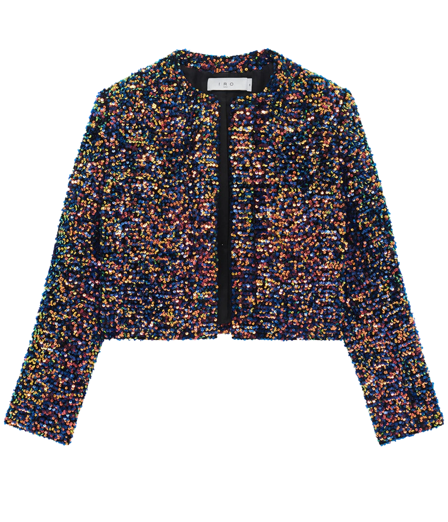 A statement third piece, open jacket. With multicolour sequins, round neck, long sleeves, padded shoulders and cropped length. Fashion forward, bra friendly, made internationally, comfortable, matching set, party. 